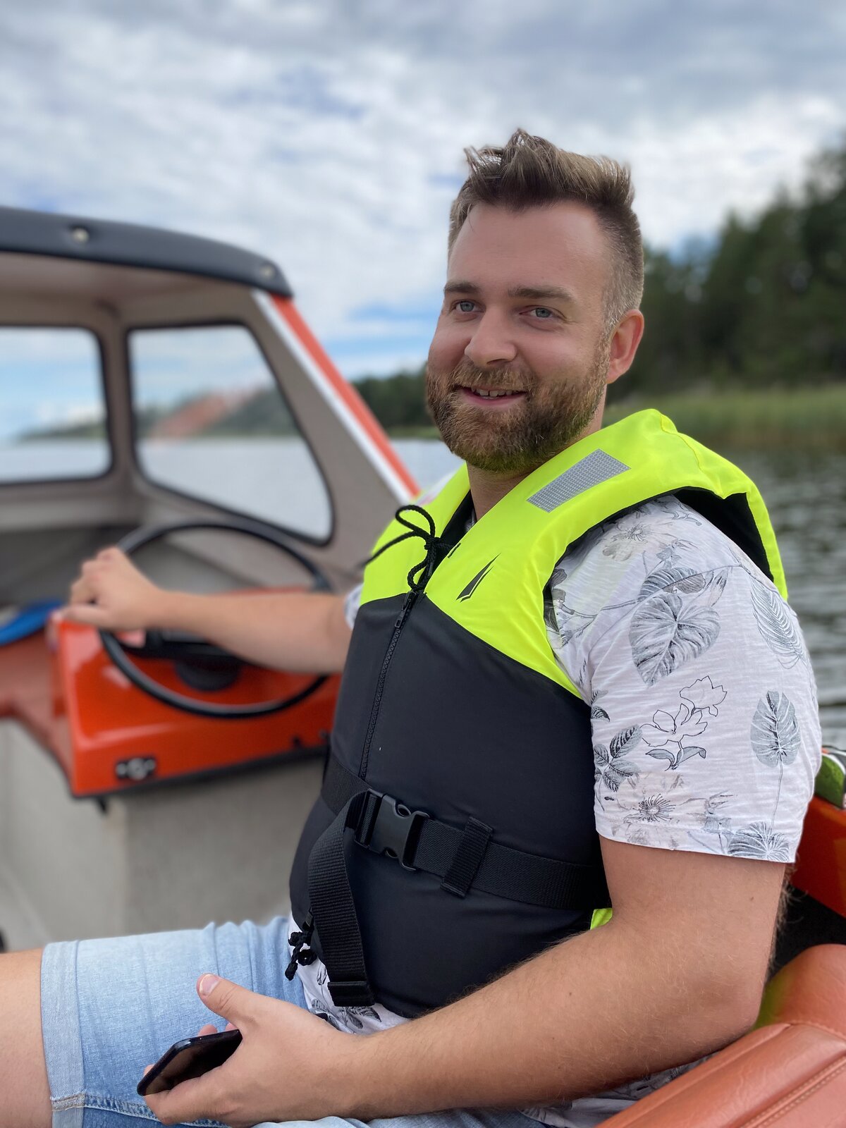 Martin in high-vis life jacket, approved sea captain