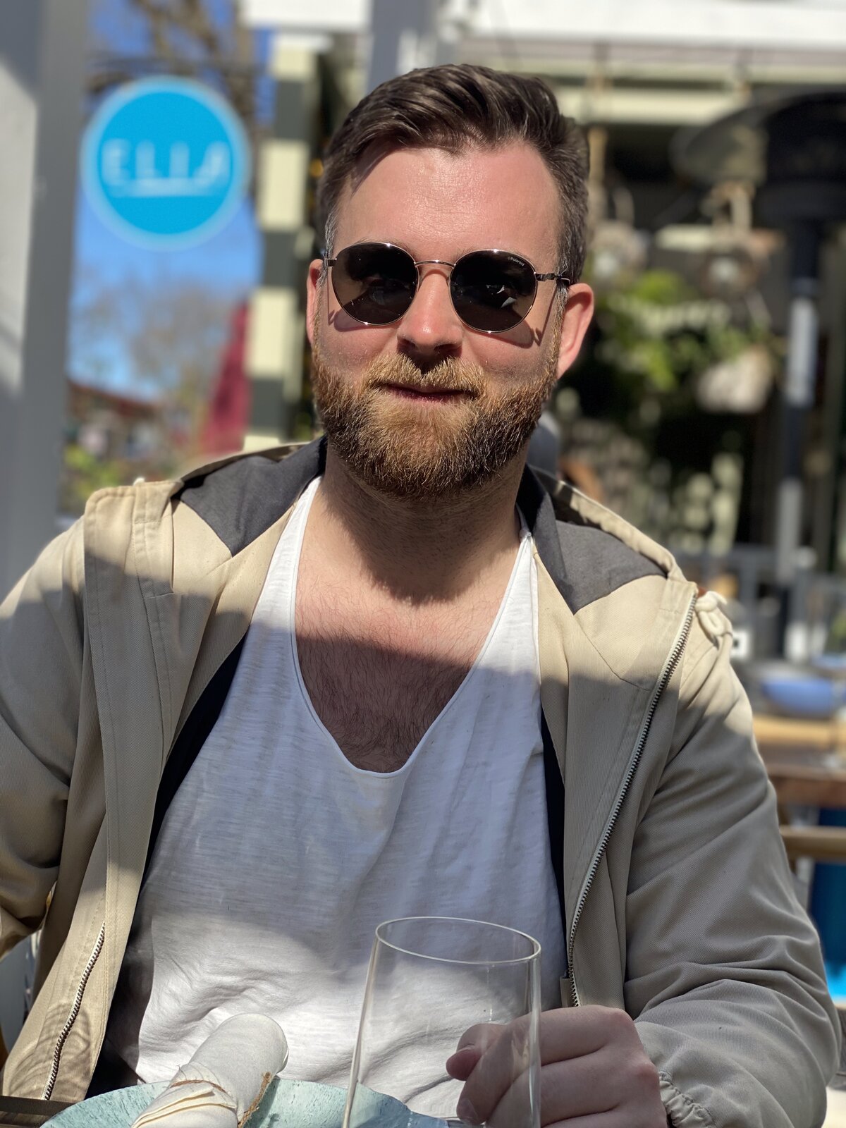 Martin, sunglasses and linen, vacation